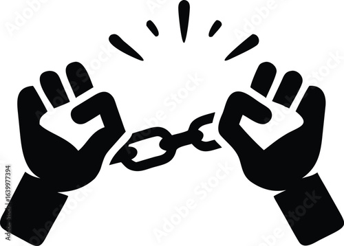 Black and white icon of two hands breaking a chain, symbolizing freedom and liberation breaking chains