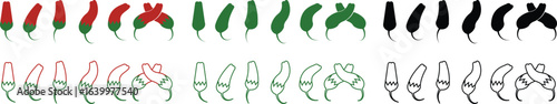 Chili pepper icon set, capsicum collection hot spice vector group, jalapeno silhouette and outline, cayenne symbol bundle, vegetable pictogram pack in flat and line style for seasoning design isolated