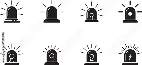 Eight Black Siren Icons with Diverse Designs on White Background alarm alert