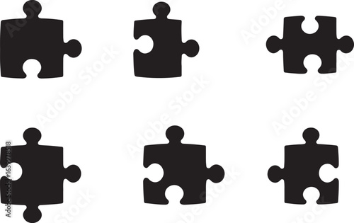 Six Black Silhouette Puzzle Pieces Arranged on a White Background jigsaw connection
