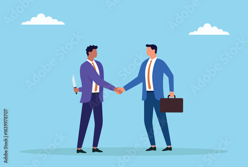 Vector illustration of two businessmen shaking hands, while one hides a knife behind his back, symbolizing betrayal, deception, distrust, and hidden malicious intentions in business deals
