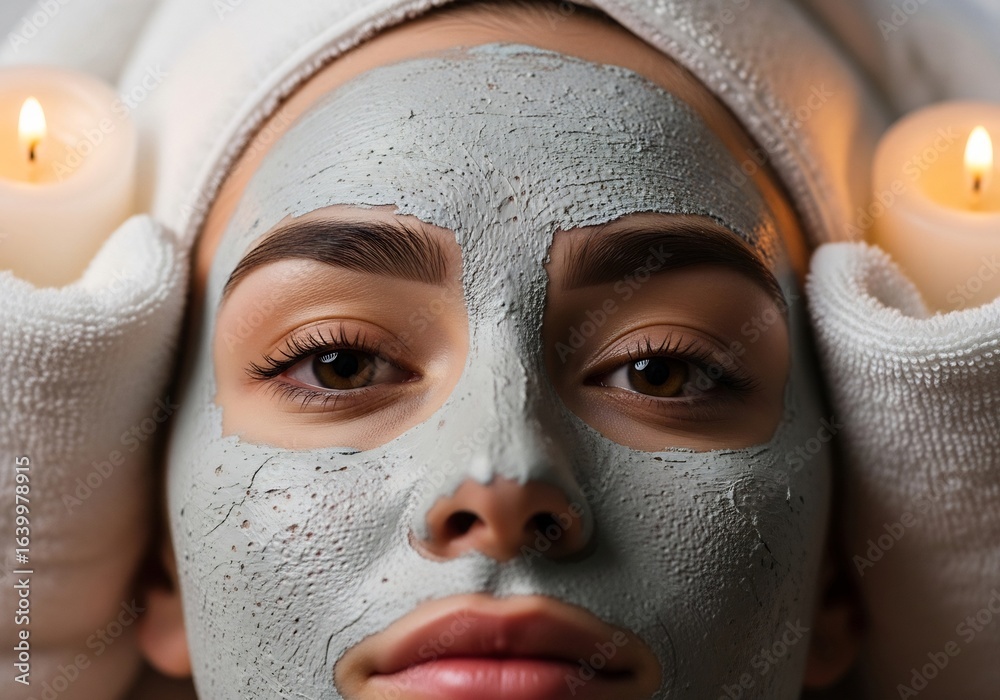 Fototapeta premium Closeup of a woman with a gray face mask wearing a white towel on her head and lit candles flanking her