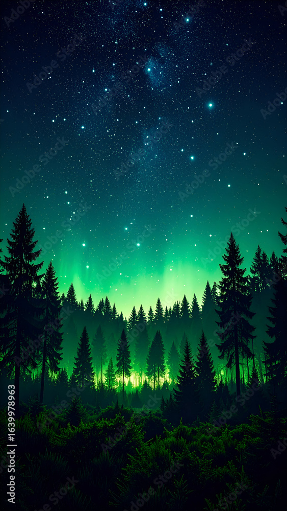 Naklejka premium Green Aurora Borealis Forest Night.