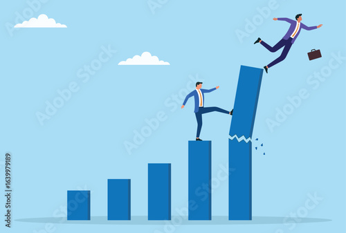 Vector illustration of business competition showing one businessman kicking a bar graph to sabotage another progress, symbolizing rivalry, betrayal, and unethical corporate tactics
