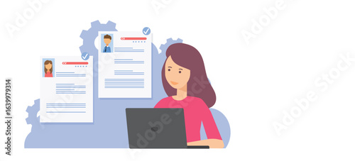 HR manager reviews resumes with a laptop. Recruitment concept.