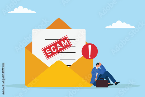 Vector illustration of a depressed businessman sitting near a large spam message, representing stress and frustration caused by overwhelming digital spam and unwanted communication
