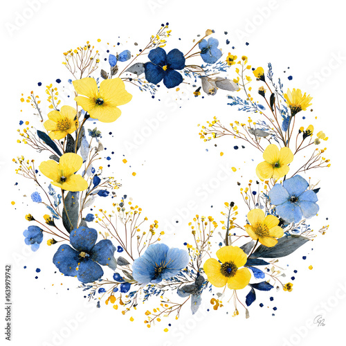 Floral wreath, yellow and blue flowers