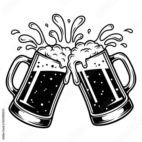 Two clinking beer mugs with frothy foam splash black and white festive illustration