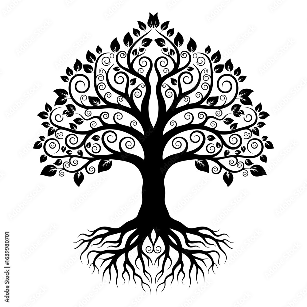 Obraz premium Black silhouette of ornamental tree with swirling branches and roots vector illustration