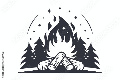A mesmerizing campfire crackles beneath the starfilled night sky amidst dense pine trees