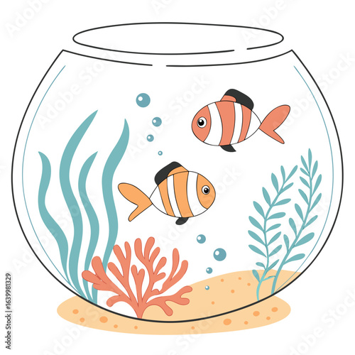 Happy Fish Bowl: A delightful illustration of a pair of cheerful clownfish, swimming happily within a glass bowl with vibrant aquatic elements.
