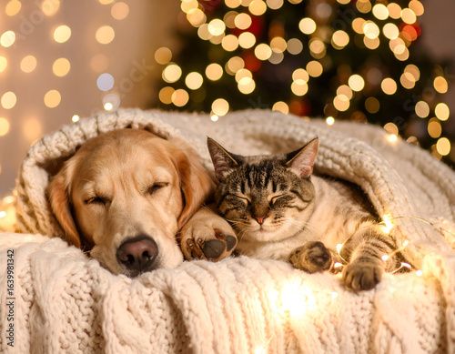 Cozy Christmas dog cat nap.