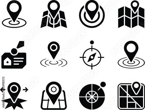 Collection of twelve black and white location pin icons representing navigation and mapping elements
