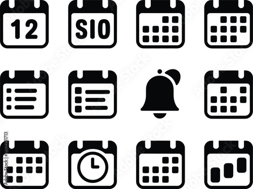 Pack of calendar and clock icons depicting organized time planning and scheduling with a sleek, modern design