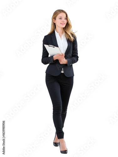 PNG of A confident young Caucasian woman in a business suit walking with a clipboard, exuding professionalism and poise.