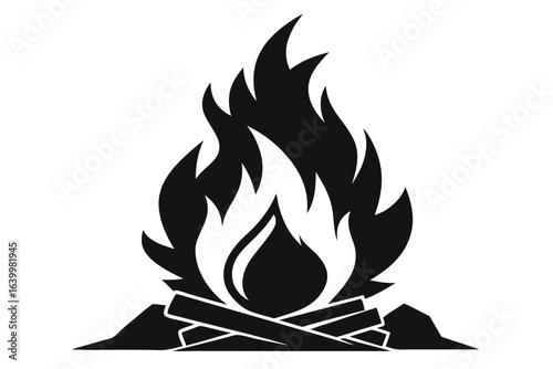 Black bonfire displays vibrant flames above stacked logs, a simple monochrome image