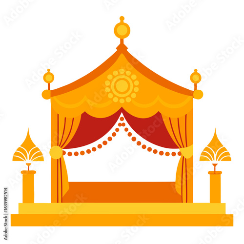 Ornate golden wedding mandap with red curtains and decorative accents
