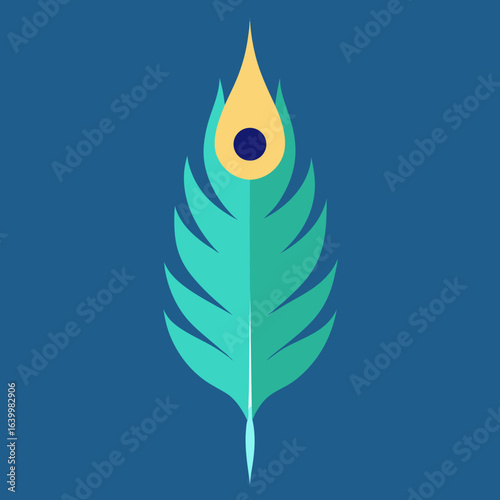 Stylized peacock feather with teal and gold colors on blue background