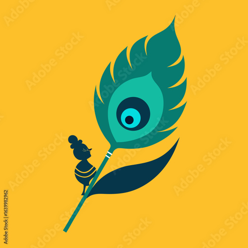 Stylized peacock feather with a silhouette of lord krishna