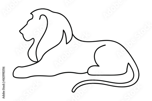 Minimalist continuous line drawing a reclining lion with a mane animal