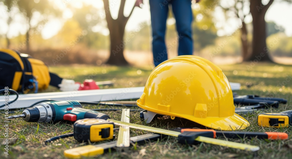 Fototapeta premium Yellow construction helmet and other tools on the grass in a construction site