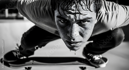 Gritty low-angle portrait of a focused young skateboarder with intense determination in a skatepark