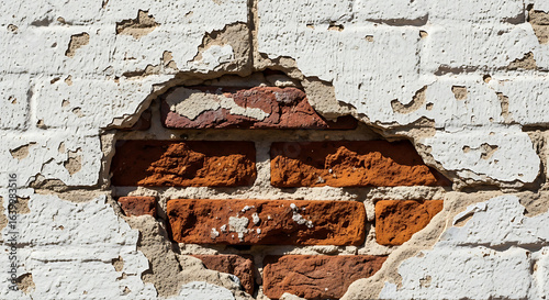 Close-up of old wall with peeling white paint revealing red bricks, rustic texture, high detail vintage surface.
