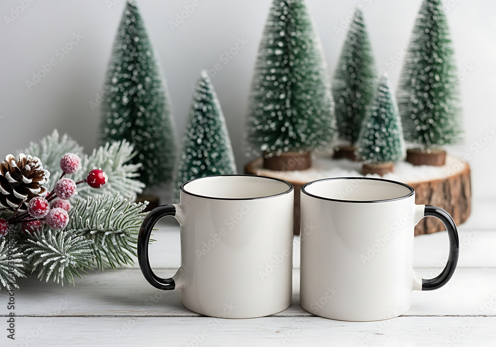 custom made wallpaper toronto digitalTwo White Ceramic Mugs with Black Rim on Wooden Table in Front of Miniature Christmas Trees and Festive Decorations Cozy Holiday Atmosphere