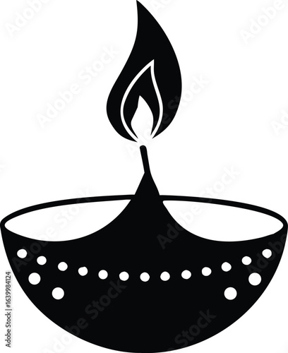 Black silhouette of a simple diya with a flame and dots lamp oil lamp