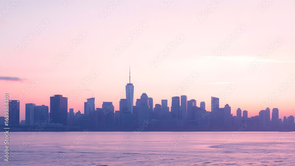 Fototapeta premium City Skyline at Sunset with Soft Pastel Pink and Purple Hues – Cinematic Serene Urban Landscape Photography