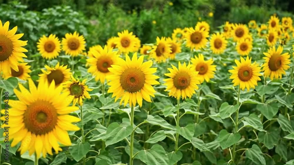 Sunflower field with bright yellow petals green stems Closeup reveals intricate detail Sunflower field with bright yellow petals green stems Closeup reveals intricate detail