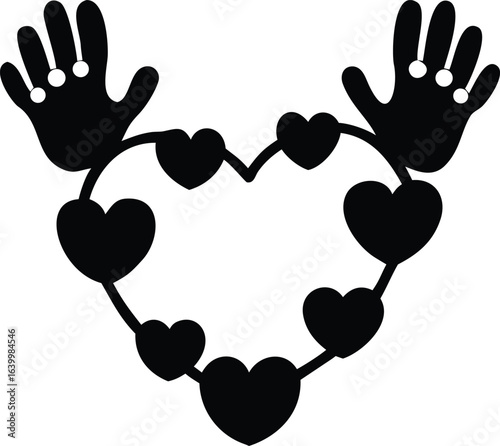 Black silhouette of hands forming a heart shape with smaller hearts on white background love connection