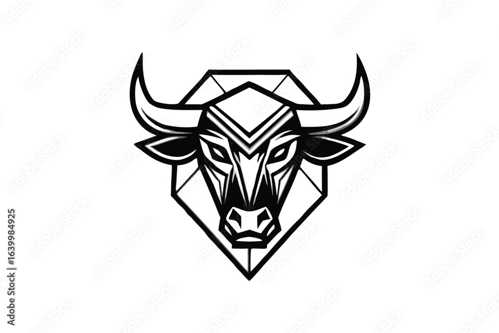 Geometric bull head with sharp horns stares fiercely in black and white art Geometric bull head with sharp horns stares fiercely in black and white art