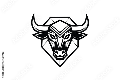 Geometric bull head with sharp horns stares fiercely in black and white art