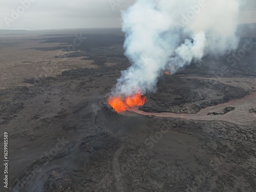 4K Aerial Drone Footage of an Active Volcanic Eruption with Lava Flow and Smoke over a Rugged Lava Field