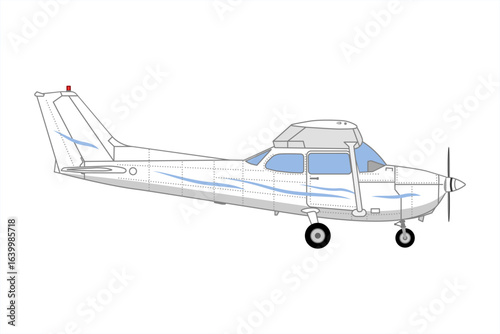 Propeller light aircraft. Single engine propelled aircraft. Airplane side view sketch. Passenger plane flying in the sky side view. Flat style vector illustration.