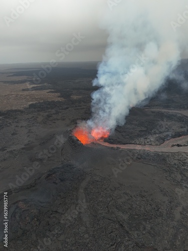 4K Aerial Drone Footage of an Active Volcanic Eruption with Lava Flow and Smoke over a Rugged Lava Field
