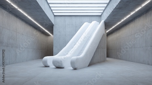 Staircases Elevate Inside Concrete Corridor, Architectural Structure