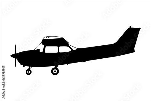 Propeller light aircraft. Single engine propelled aircraft. Airplane silhouette, side view. Passenger plane flying in the sky side view. Flat style vector illustration.