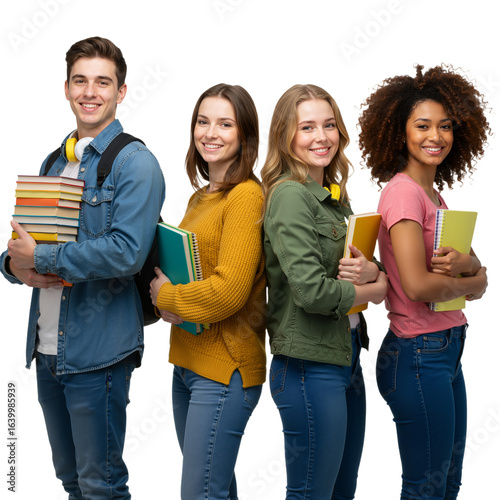 Happy group of diverse university students holding books and smiling together on a white background