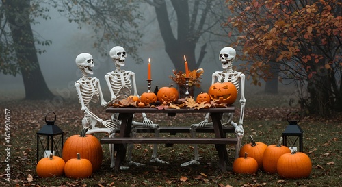 3 skeletons at a picnic table surrounded by pumpkins fall foliage and lanterns