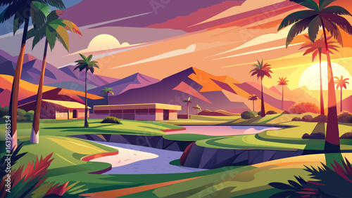 Golf course at sunset in Palm Springs, California, golden light, lush green fairways, distant mountains, warm desert air, serene horizon, palm trees swaying, peaceful atmosphere, soft evening glow.