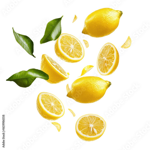 Falling fresh yellow lemons with green leaves, Fresh yellow lemons falling with vibrant green leaves scattered around them, isolated on transparent background