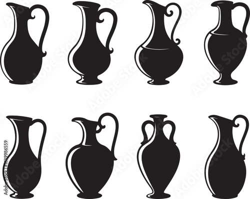Collection of eight black ancient pottery amphorae and jugs