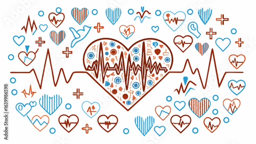 Illustration of a heart made up of medical and cardiology icons: pulse, cardiogram, stethoscope, heart rhythm. Health concept, medicine, cardiology, heart diagnostics.