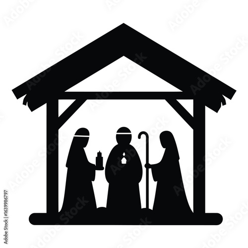 Biblical Nativity Scene with Three Wise Men and Shepherd in Stable Silhouette