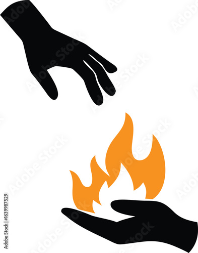 Hands holding fire with reaching hand above help support