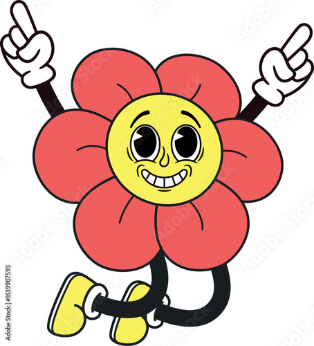 Positive red daisy flower mascot