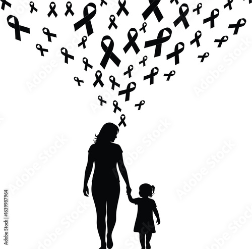 Breast cancer awareness month vector art of silhouette of mother and daughter with awareness ribbons, isolated on white background, symbolizing love, support, and remembrance vector eps