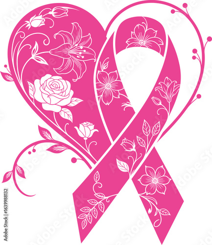 Breast cancer awareness month vector art of pink breast cancer awareness ribbon with floral heart isolated on white background vector eps